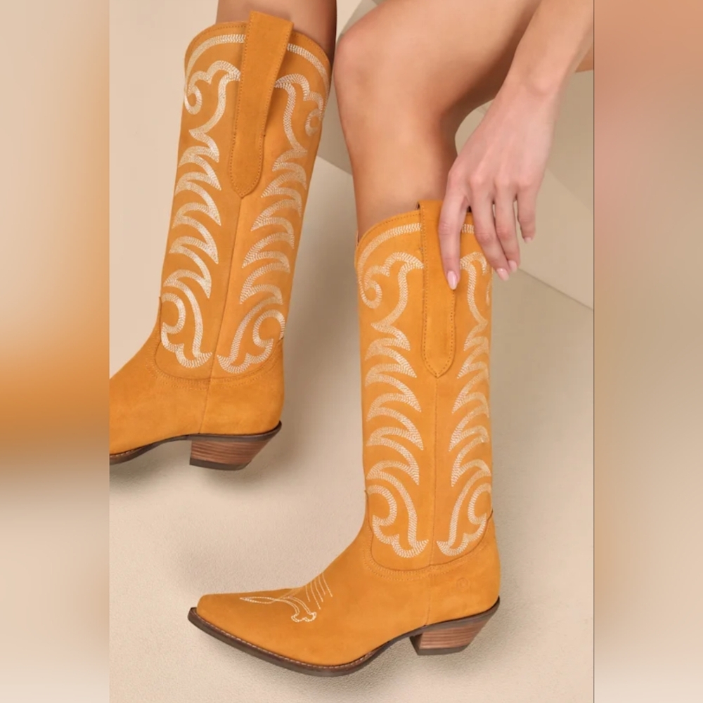 Dingo Yellow Suede Western Boots With Block Heel
